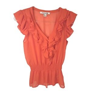 Forever 21 Ruffled Sleeveless Blouse Women's S Sheer Orange Ruffle Coquette Top